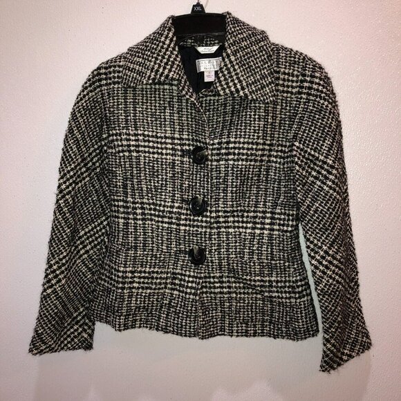 Talbots Collection Size 2 Black White Plaid Tweed Alpaca Blend Blazer Jacket - Picture 4 of 10